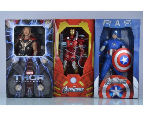 NECA Marvel 18" Action Figures, The Avengers Iron Man, Thor The Dark World, The Avengers Captain America, in original boxes, 