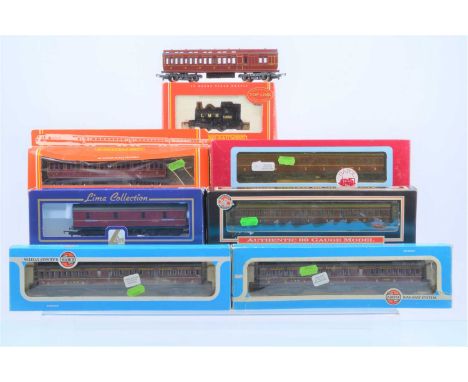 Hornby Airfix Dapol LMS Steam  Locomotive and coaches  00 gauge in original boxes (8), comprising R2065 black Pug 0-4-0 Tank 