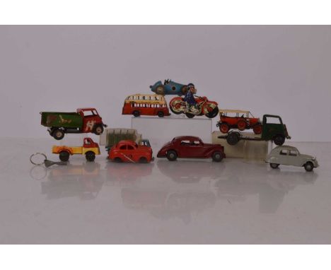 Tinplate and Plastic vehicles by various makers,  Tinplate. Tri-ang Minic, clockwork Tipper Truck, lacks rear flap, some whit