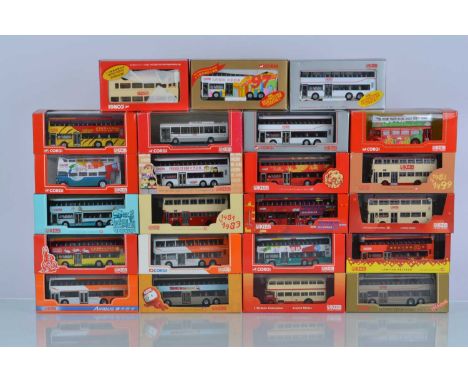 Corgi 1:76 Scale Far Eastern Buses (23) all cased/boxed Kowloon Motor Bus in various liveries, 44405, 43221, 43220, 44403, 43