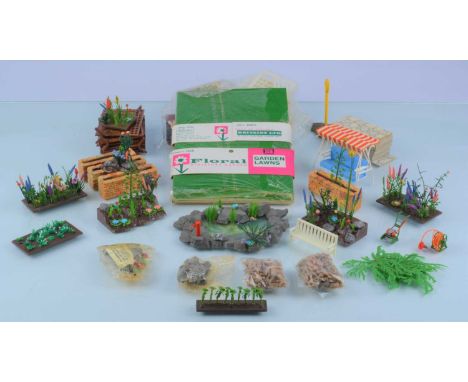 Collection of Britains plastic Floral Garden, including, Garden Lawns (4 in sealed pack), Crazy Paving (36), Fence Panels (11