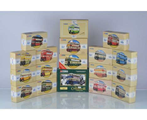 Corgi Classics Double Decker Buses and Trolleybus (22), all boxed, Guy Arab, 97201 Birmingham, 97313 Paisley & District, 9731