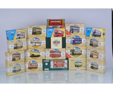 Corgi Classics Double Decker Buses and Trolleybus (22), all boxed, Guy Arab, 97202 Maidstone, 97198 Southdown, 97204 Coventry