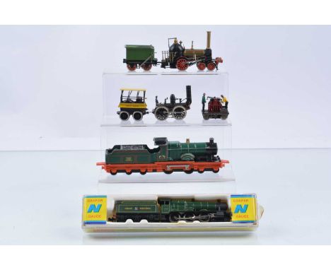Grafar N gauge Steam Locomotive with Bachmann H0 scale USA early locomotives with tenders,  Grafar N Gauge GWR green Hall cla