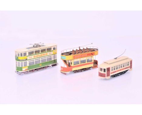 Three 00 Gauge motorised Trams, Leeds Type with Pantograph in green and white Destination Sunbury High Street, London Type 10