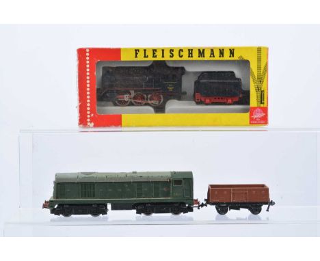 Hornby-Dublo 00 Gauge Class 20 and Fleischmann HO Gauge DB Steam Locomotive, unboxed 2-Rail BR green D8017 class 20 and brown
