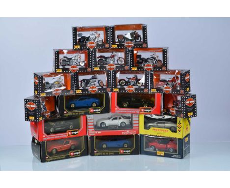 Modern Diecast 1:18 and Smaller Motorbikes and Cars (23), all boxed, 1:18 scale Harley Davidson motorbikes by Maisto (11), 1: