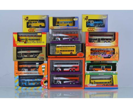 1:76 Scale Far Eastern Die Cast Buses and Recovery Vehicles (14), all cased/boxed, single and double deck models in various l