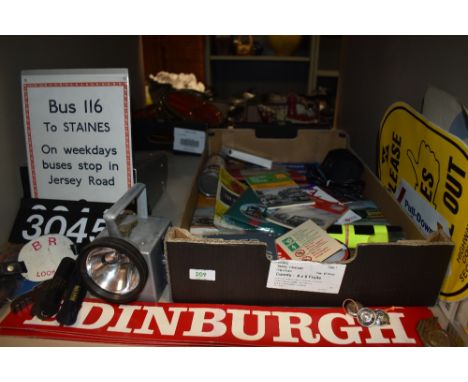 Two boxes of transport related items including Enamel Sign 373, Stagecoach Fleet Plates, BR Bardic Lamp, BR MKII Coach Litter