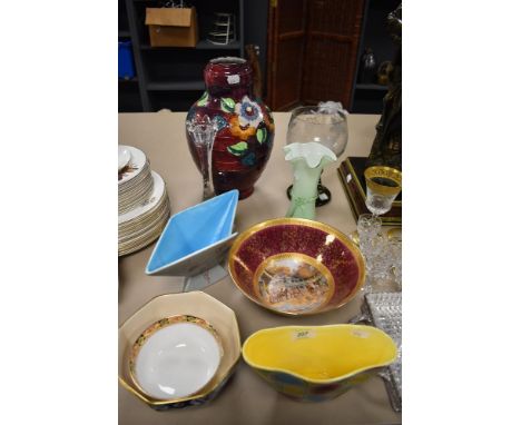 An assortment of mid century vases including Cauldon and Sylvac, a Masons 'Applique' bowl, three items of glassware and a Roy