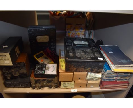A collection of vintage electrical testing equipment and electrical component catalogues etc.