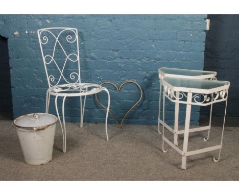 A quantity of miscellaneous. Vintage metal garden chair, two metal/glass side tables, hanging heart, &amp; enamel bucket.  