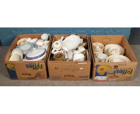 Three boxes of assorted ceramics and stoneware, to include Alfred Meakin, Midwinter etc.  