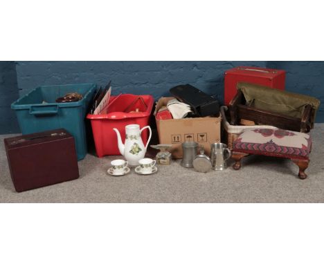 Four boxes of miscellaneous. Pewter tankards, Royal Worcester coffee set, vintage ceramic storage jars etc  