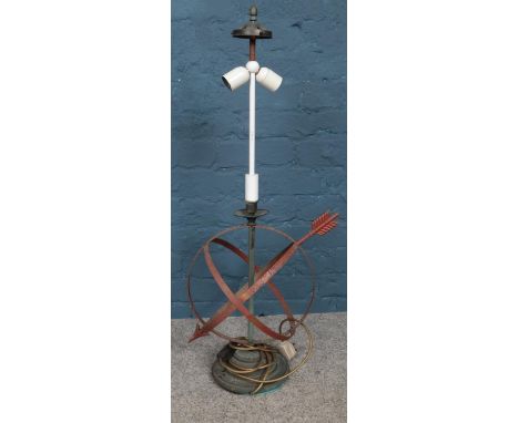 A wrought iron armillary sphere table lamp. (92cm)  