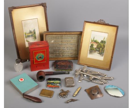 A quantity of collectables. Including, vesta cases, compact with colour foil decoration, pocket knives, tooled leather cigare