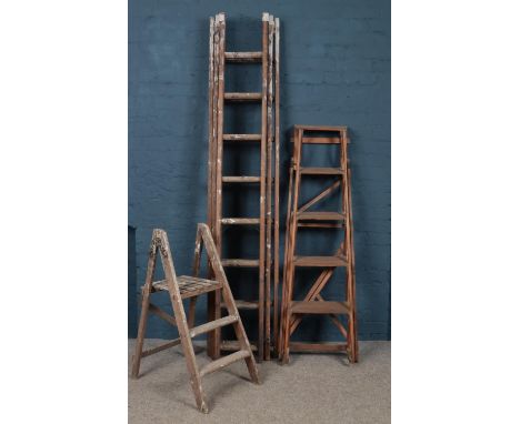 Two vintage wooden graduated step ladders &amp; a three section pin ladder.  