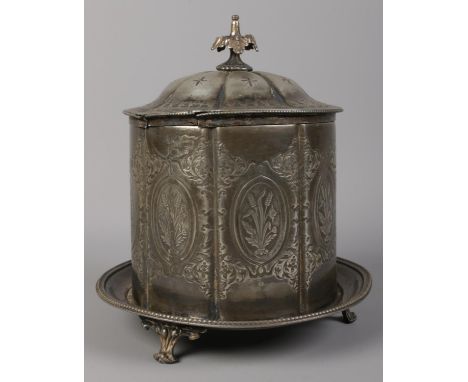 A late 19th Century EPBM biscuit barrel, with leaved finial. Stamped to the base.  Split to the rim.