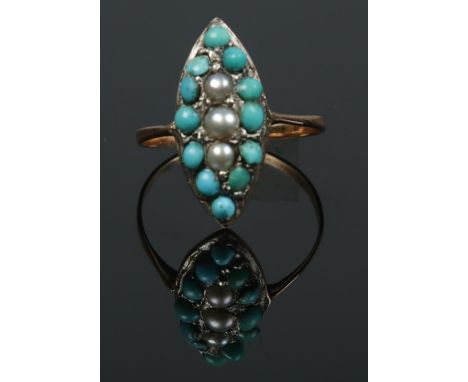 A Victorian turquoise and pearl cluster ring. With silver setting and gold shank. Size L. 1.63g.  