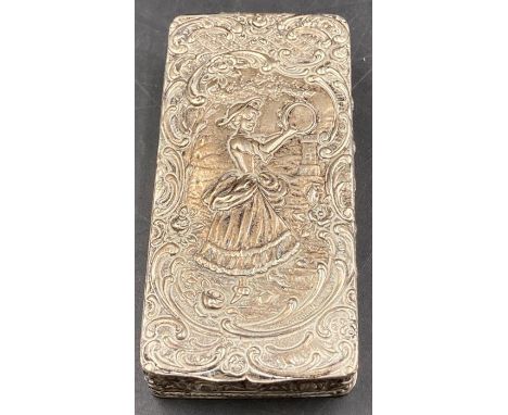 An embossed Continental silver, marked 830, lidded snuff or pill box (Total weight approximate 68g)
