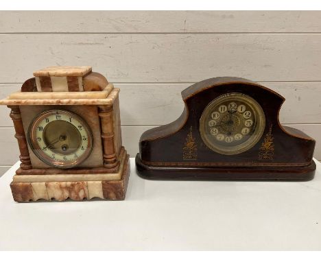 Two mantel clocks. One Victorian inlay and one marble mantle clock