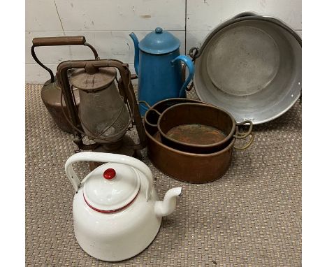 A selection of vintage cookware to include copper, enamel teapots etc 