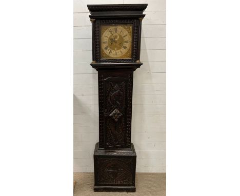 An18th century eight day, oak long case clock with weights and pendulum, Thomas Stone London.  