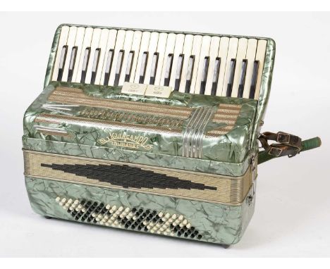 A Pigliacampo Numana 120 Bass Piano Accordion, with Bandon and Clarinet tone selectors, green pearlescent plastic casing, fib