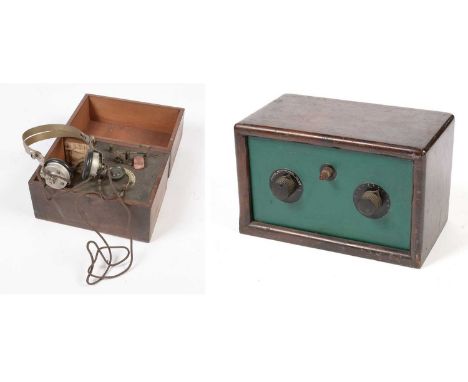 A BSA Radio LTD radio receiver, with twin dials, mahogany case, 33cms; and a vintage Cat's Whisker radio receiver with headph