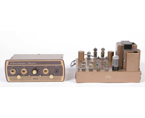 A vintage Leak Stereo 20 valve amplifier gold-colored chassis; and a Leak Varislope Stereo pre-amplifier.  (2)