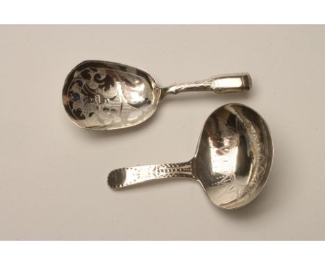 AN EARLY VICTORIAN SILVER CADDY SPOON, maker Taylor & Perry, Birmingham 1841, in Fiddle pattern, the shaped oblong bowl engra