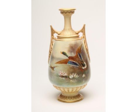 A ROYAL WORCESTER CHINA VASE, 1908, of tapering cylindrical form with waisted high neck and two angular handles, painted in p