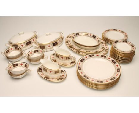 A ROYAL CROWN DERBY CHINA SERVICE, modern, in "Derby Border" pattern for eight place settings, comprising dinner, dessert and