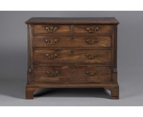 A GEORGIAN MAHOGANY CHEST, mid/late 18th century, the moulded edged top over two short and three long cockbeaded drawers with