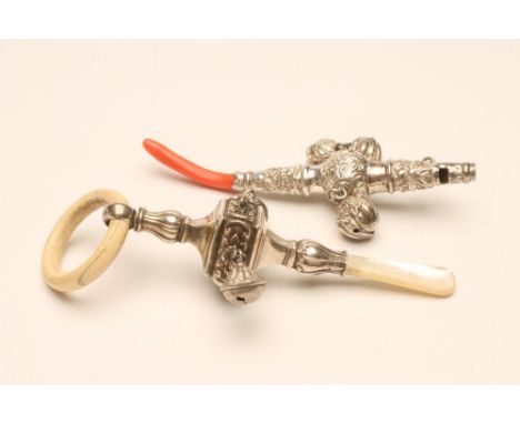 TWO SILVER RATTLES, maker Crisford & Norris, Birmingham 1915, of square baluster form hung with two bells (of four), with ivo