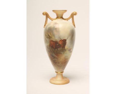 A ROYAL WORCESTER CHINA VASE, c.1903, of rounded conical form with two loop handles, painted in polychrome enamels by John St