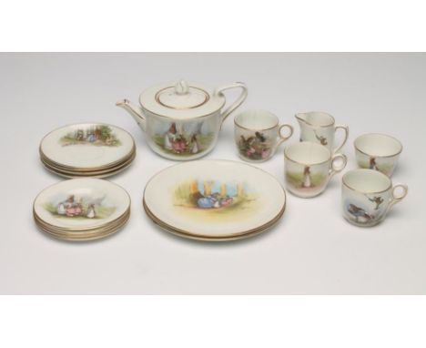 A GRIMWADES CHINA BEATRIX POTTER "PETER RABBIT" PART NURSERY TEA SET, 1920's, printed in colours with scenes from Peter Rabbi