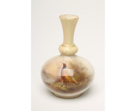 A ROYAL WORCESTER CHINA SMALL BOTTLE VASE, 1909, with lobed neck, painted in polychrome enamels by James Stinton with a vigne