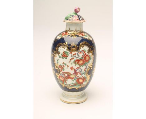 A FIRST PERIOD WORCESTER PORCELAIN TEA CANISTER, c.1770, of ovoid form, painted with kakiemon enamel panels below  "Splendour