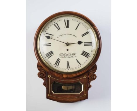 A MAHOGANY DROP DIAL WALL TIMEPIECE, signed L. Winterhalder, Kingsland Road, Shoreditch East, the single fusee movement with 