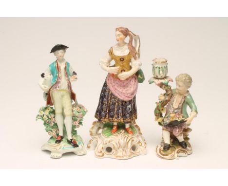 THREE DERBY PORCELAIN FIGURES, various dates, comprising a young shepherd on a scroll base with two front knurl feet, patch m