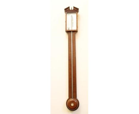 A MAHOGANY CASED STICK BAROMETER, signed Trombetta, Norwich, with silvered vernier scale, thermometer and exposed mercury tub