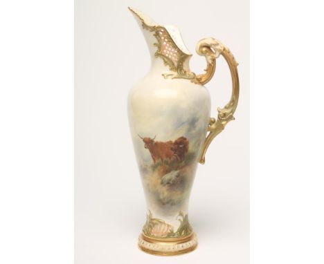 A ROYAL WORCESTER CHINA EWER, 1910, of flared rounded cylindrical form with diaper pierced high lip and leaf sheathed scroll 