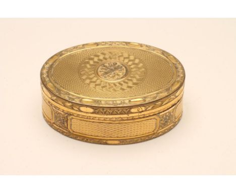 A GILT METAL SNUFF BOX, c.1800, of plain oval form, cast and chased with small panels of flowers within engine turning, the c