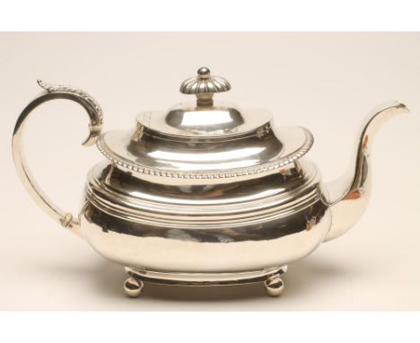 A GEORGE IV SILVER TEAPOT, maker probably William Welch, Exeter 1824, of rounded oblong baluster form with everted gadrooned 