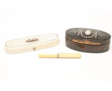 A GEORGIAN IVORY TOOTHPICK BOX of "D" end form, the cover set with a blue and white enamelled oval panel on a pique work spot