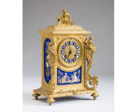 A FRENCH BLUE PORCELAIN AND ORMOLU CASED MANTEL CLOCK, mid/late 19th century, the twin barrel movement stamped A.D., 2 3/4" e