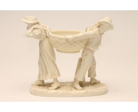 JAMES HADLEY FOR ROYAL WORCESTER- A CHINA FIGURAL FLOWER HOLDER, 1883, modelled as two children in Kate Greenaway style garb 