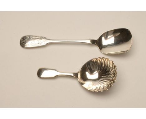 AN EARLY VICTORIAN SILVER LONG CADDY SPOON, maker David Reid, Newcastle 1856, in Fiddle pattern, engraved with initials, 5 1/