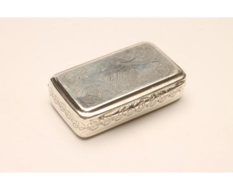 A WILLIAM IV SCOTTISH SILVER SNUFF BOX, maker's mark unknown, Edinburgh 1831, of plain rounded oblong form with foliate chase